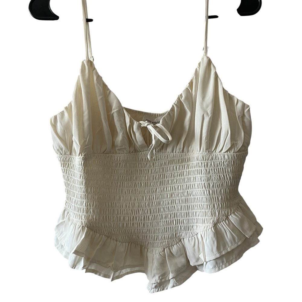 One clothing  Cream Bustier Top L Smocked Ruffle Hem Cami Y2K Boho Cottagecore